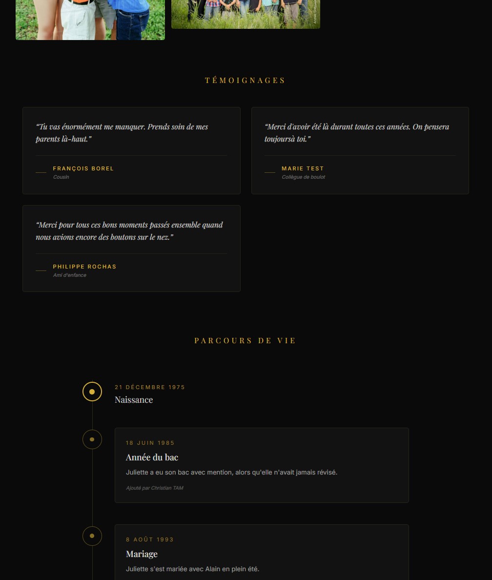 Page web hommage — témoignages et parcours de vie